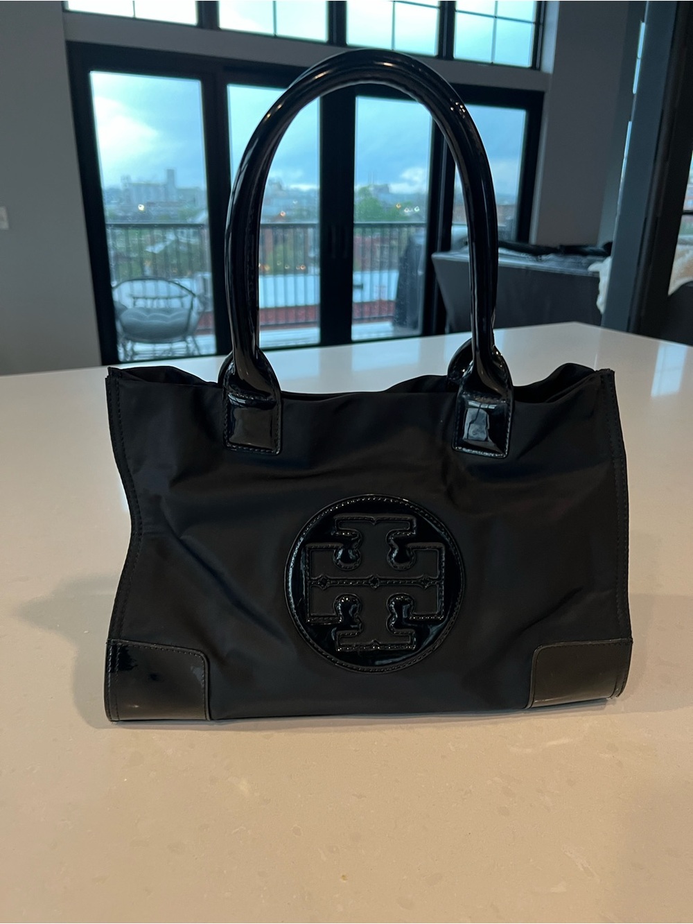 Tory Burch Black Nylon Tote with Patent Logo and Handles
